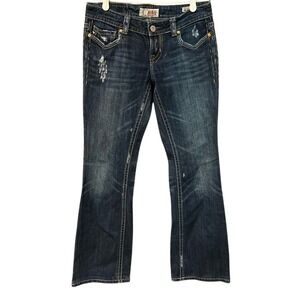 MEK Denim y2k Oaxaca Bootcut Jeans Dark Wash Distressed Embroider 26x34 Low Rise